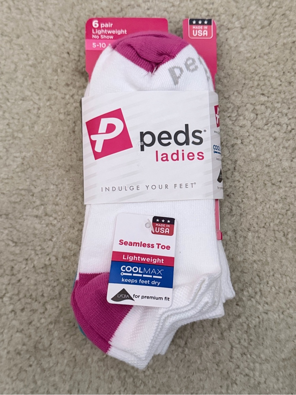 Peds Ladies White & Pink No-Show Athletic Socks - 6-Pack